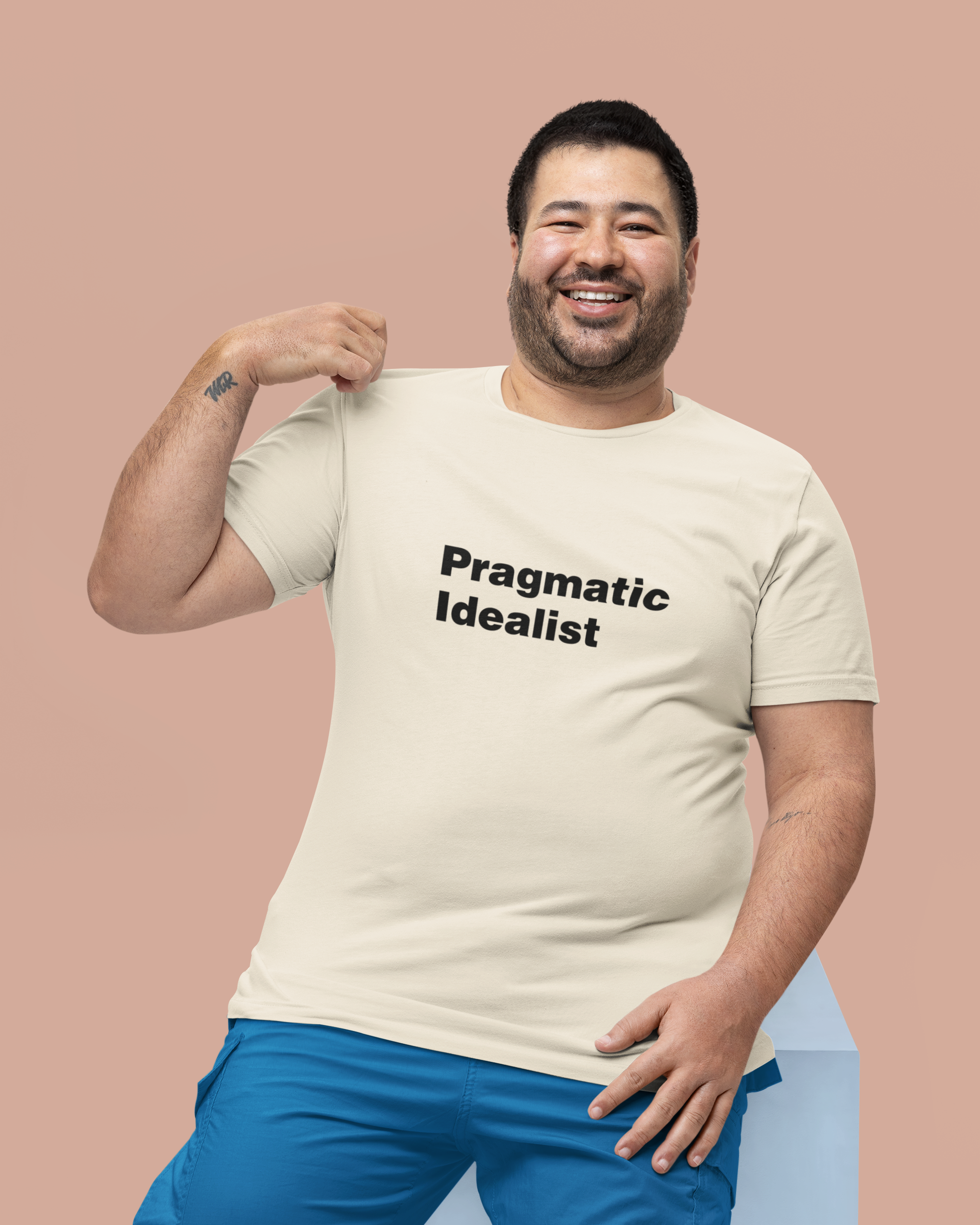 Beige T-shirt with 'Pragmatic Idealist' text on a white background LinkedIn T-Shirt