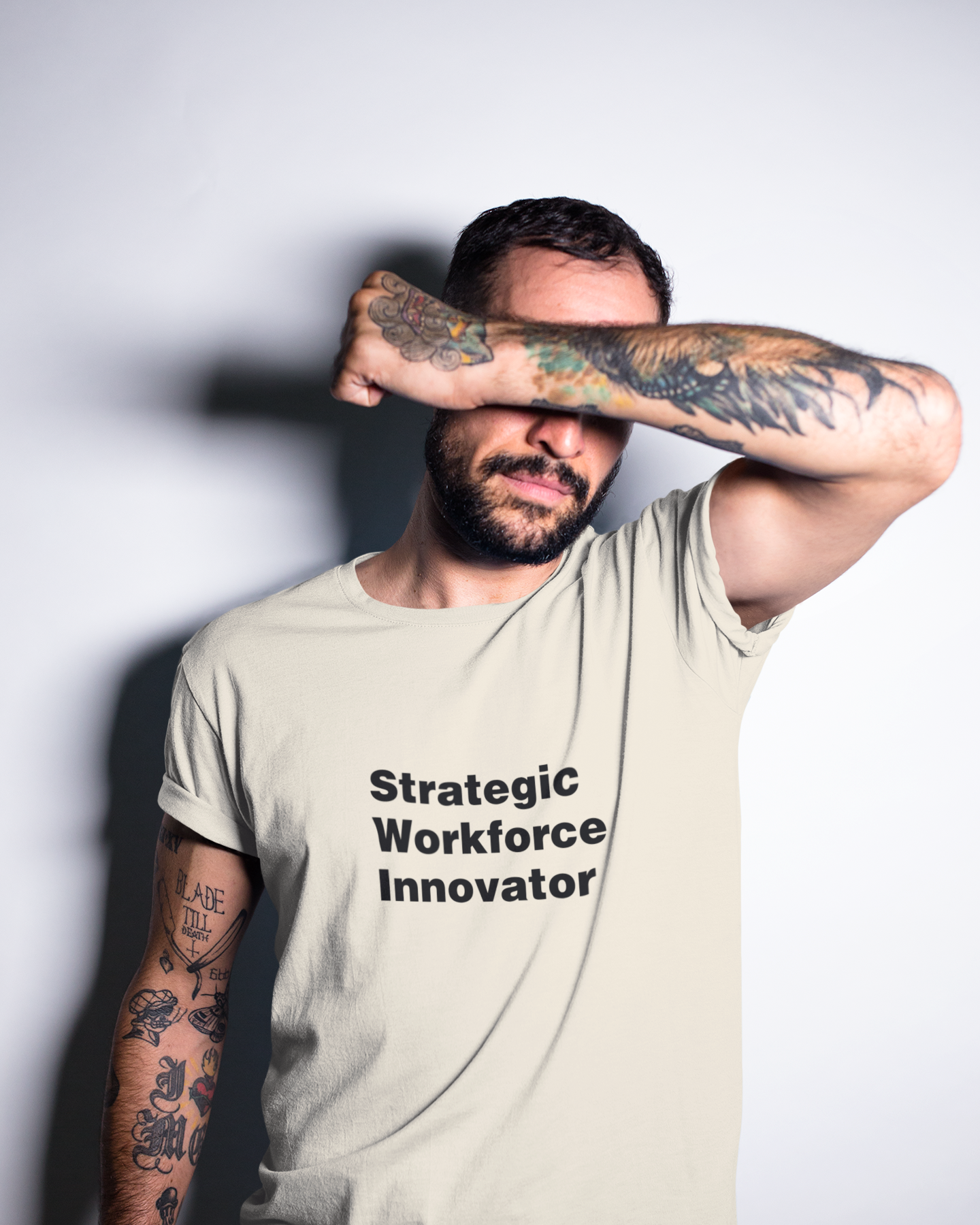 Beige T-shirt with 'Strategic Workforce Innovator' text on a white background LinkedIn T-Shirt