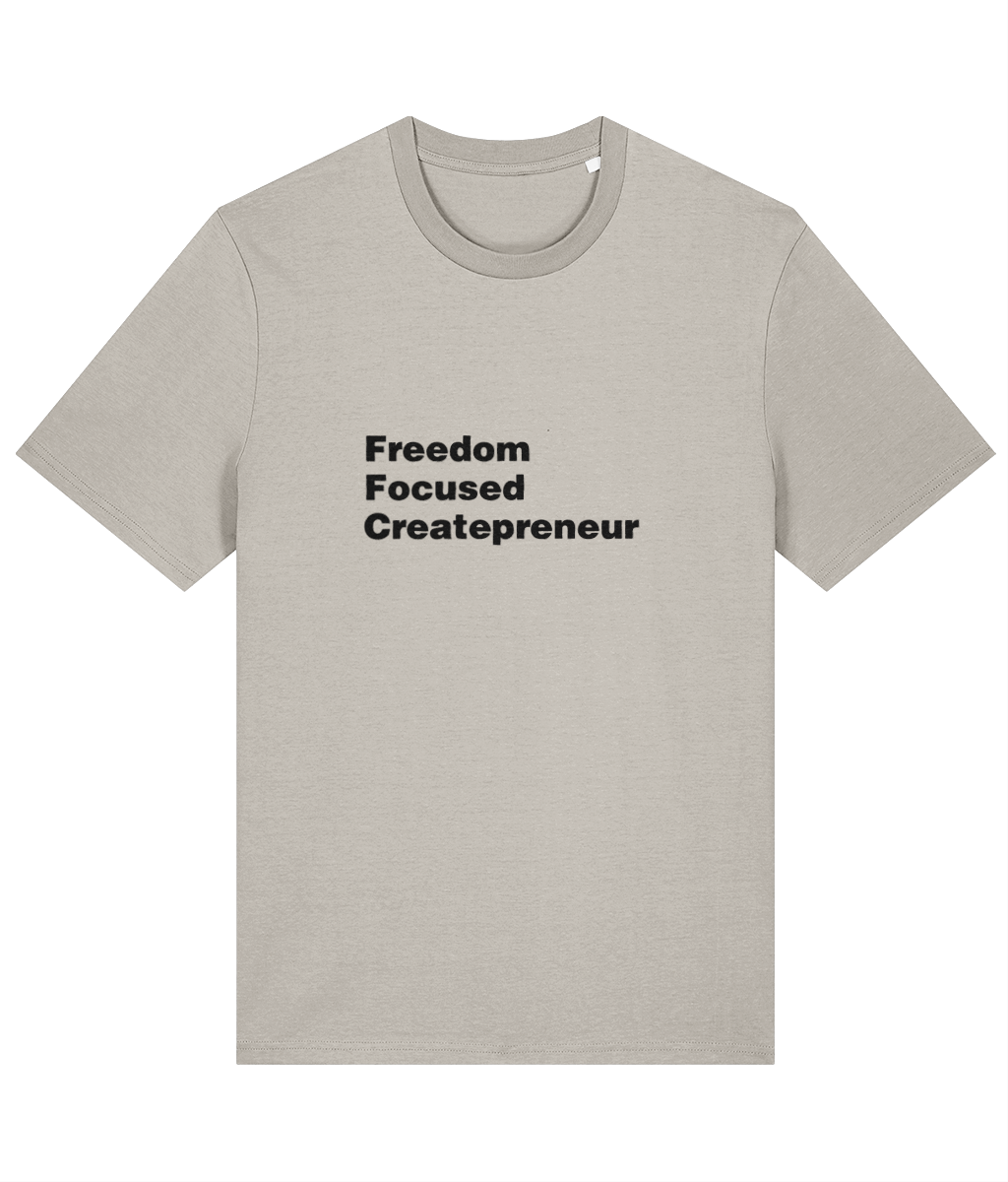 Beige t-shirt with 'Freedom Focused Createpreneur' text on a white background Beige background LinkedinT-Shirt