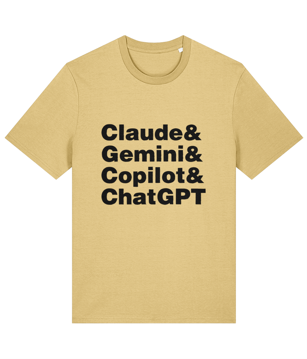 Beige t-shirt with black text listing technologies on a white background