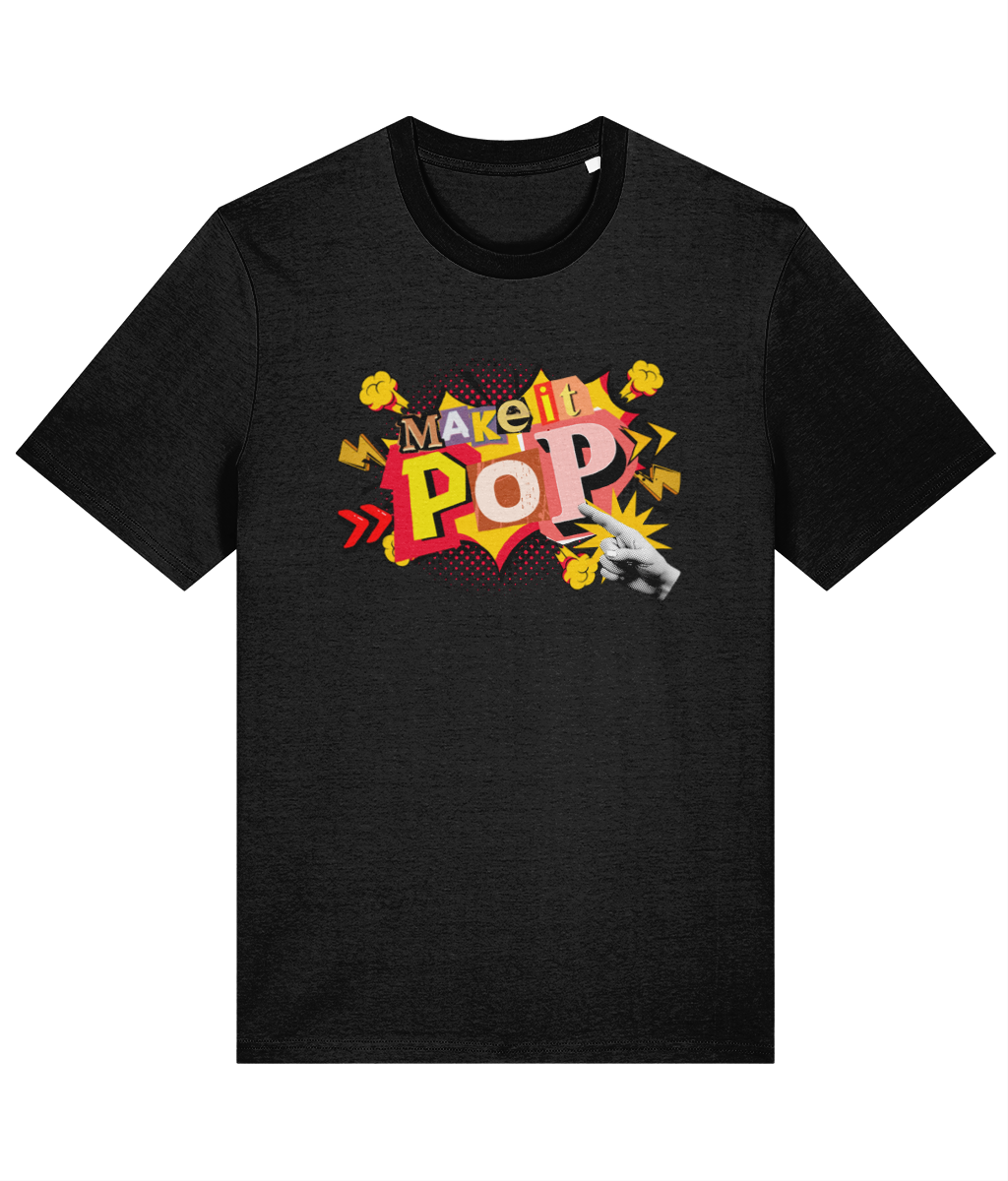 Black t-shirt with colorful 'Make it Pop' graphic design on a white background