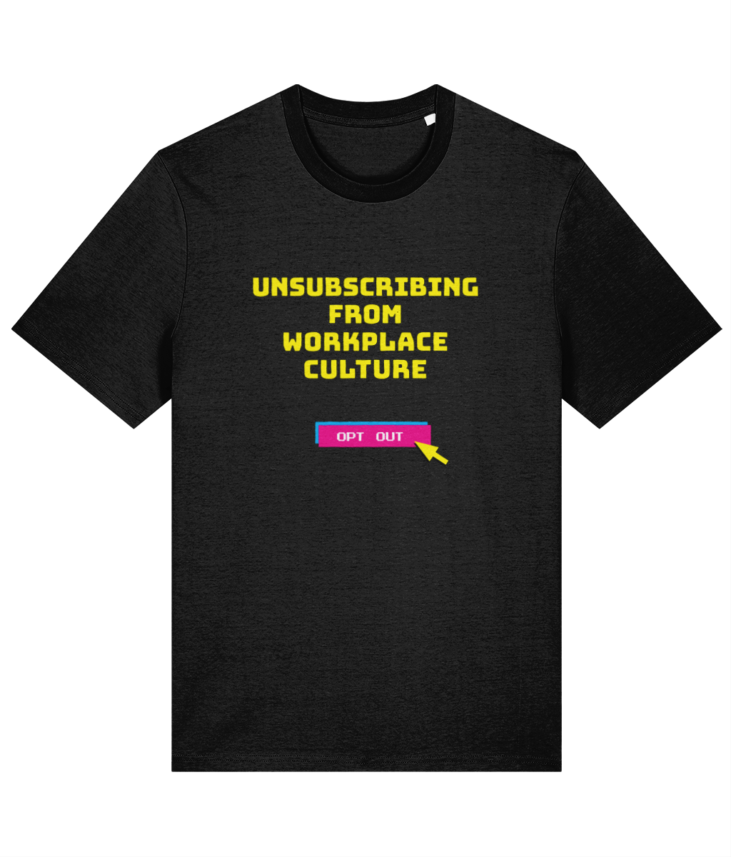 Black t-shirt with yellow and pink text on a white background
