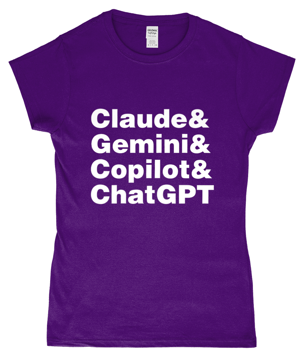 Purple t-shirt with white text listing names on a white background