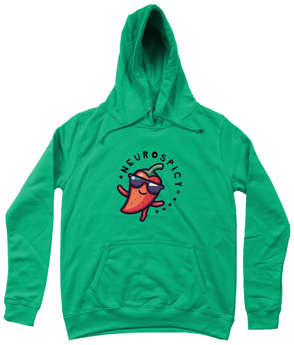 Green hoodie with a cartoon pepper design and 'Neurospicy' text on a white background