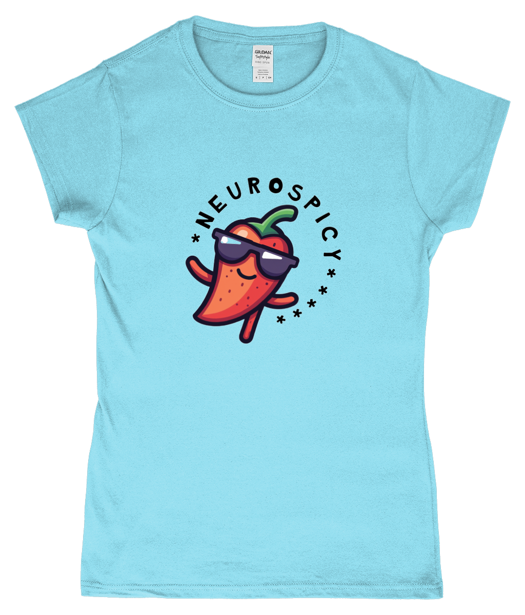 Light blue t-shirt with a cartoon chili pepper and 'Neurospicy' text on a white background