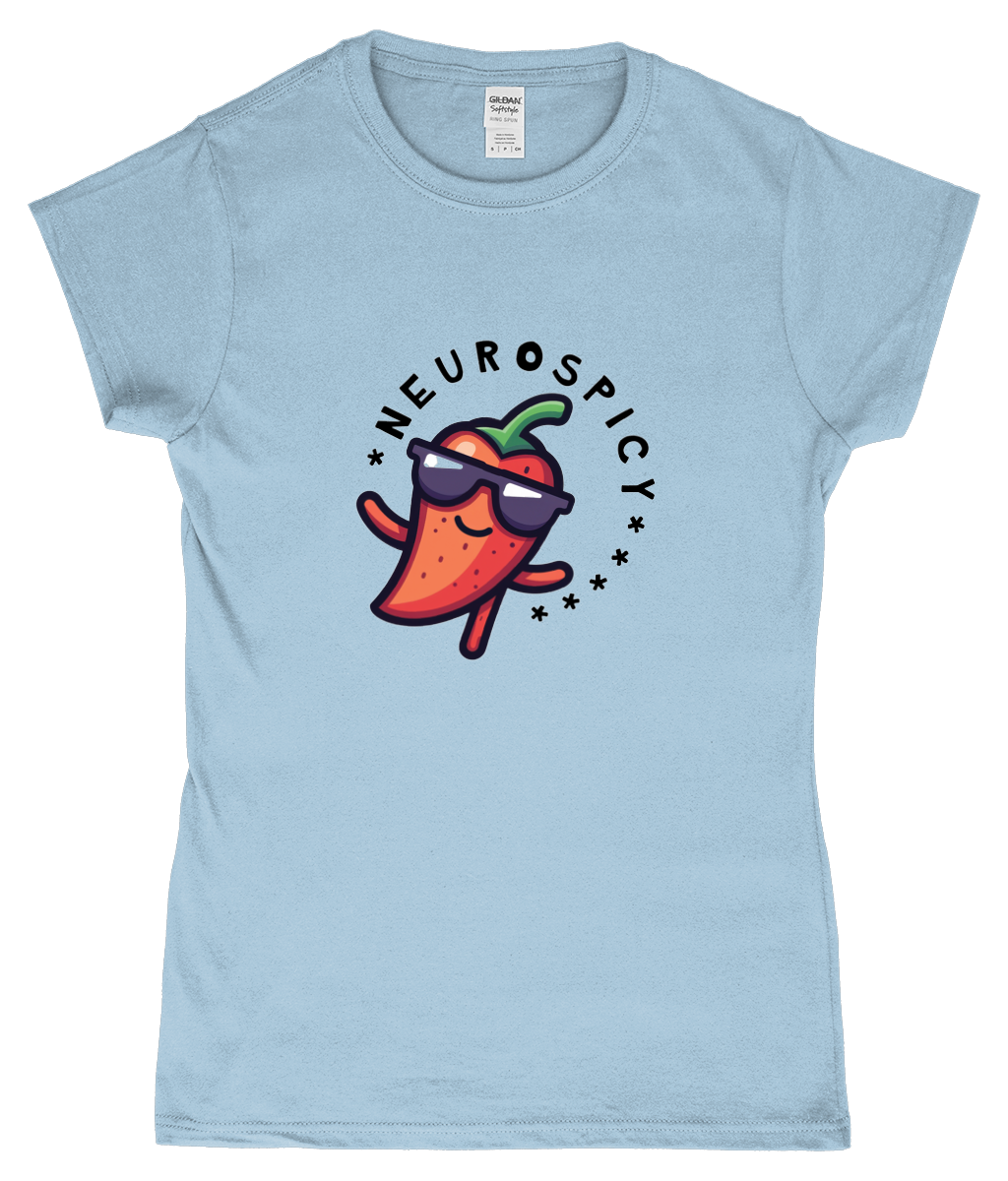 Light blue t-shirt with a cartoon chili pepper and 'Neurospicy' text on a white backgrounds
