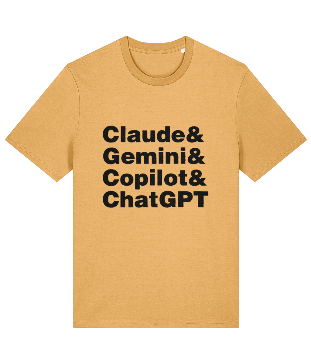Mustard yellow t-shirt with black text on a white background