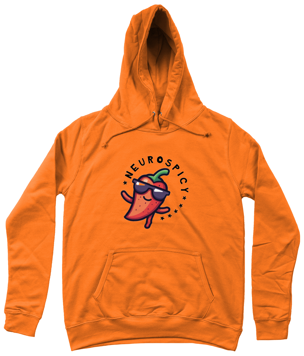 Orange hoodie with a cartoon pepper design and 'Neurospicy' text on a white background