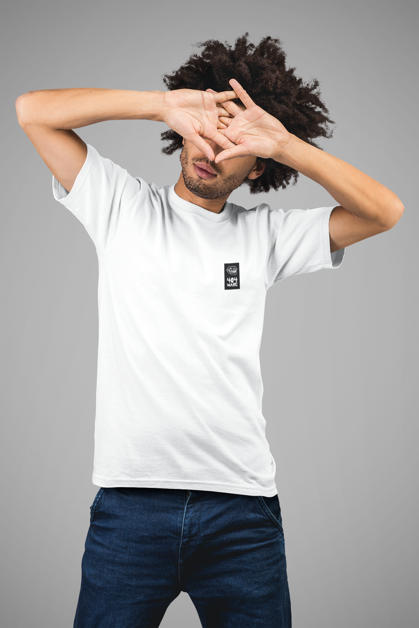 Organic Cotton T-Shirt 404 Troll Person wearing a white t-shirt with a small black logo on a gray background