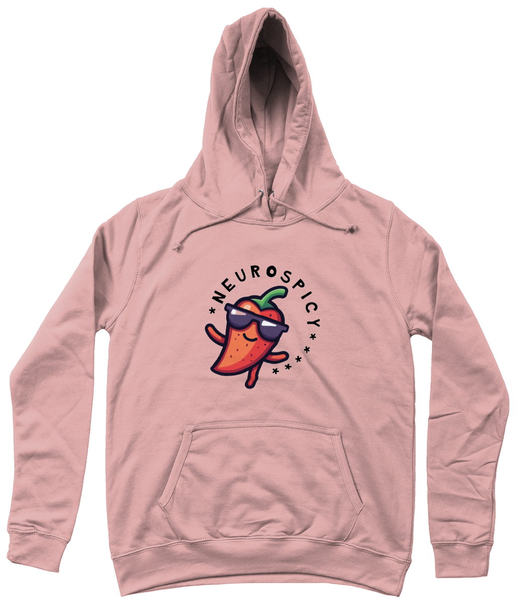 Pink hoodie with a cartoon pepper design and 'Neurospicy' text on a white background