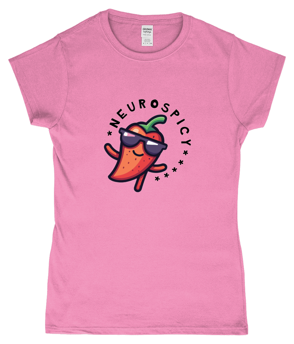 Pink t-shirt with a 'Neurospicy' graphic design on a white background