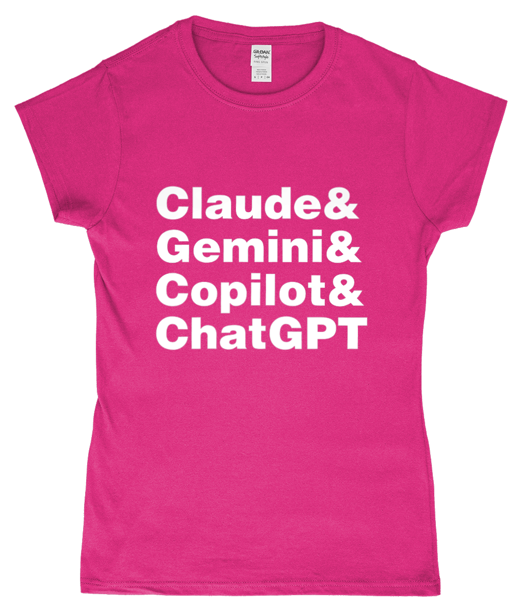 Pink t-shirt with white text listing names on a white background