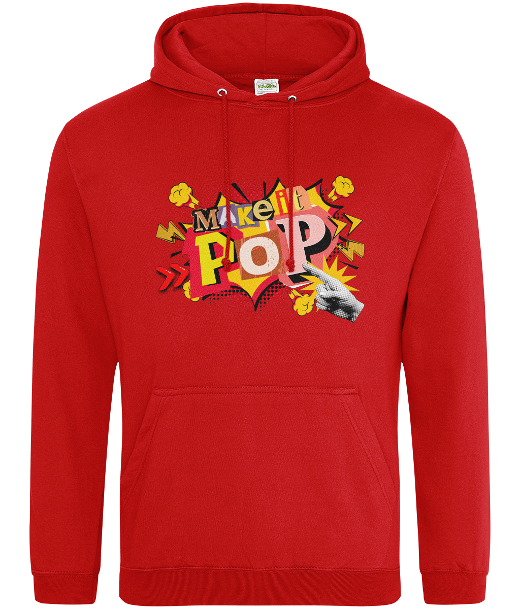 Red hoodie with colorful 'Mare of the Pop' design on a white background