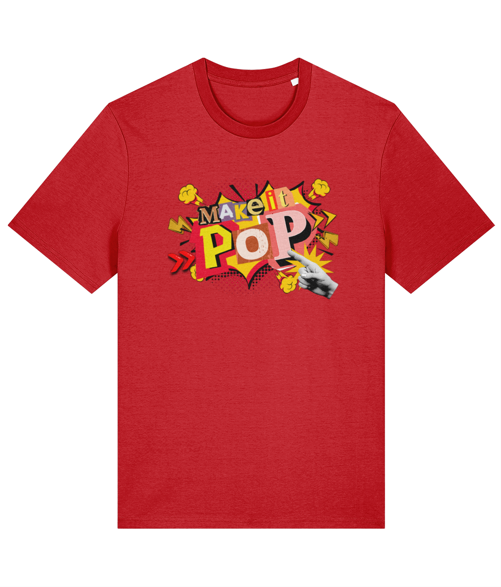 Red t-shirt with 'Make it Pop' graphic design on a white background
