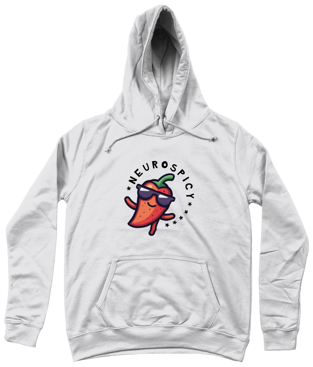 White hoodie with a 'Neurospicy' graphic on a white background