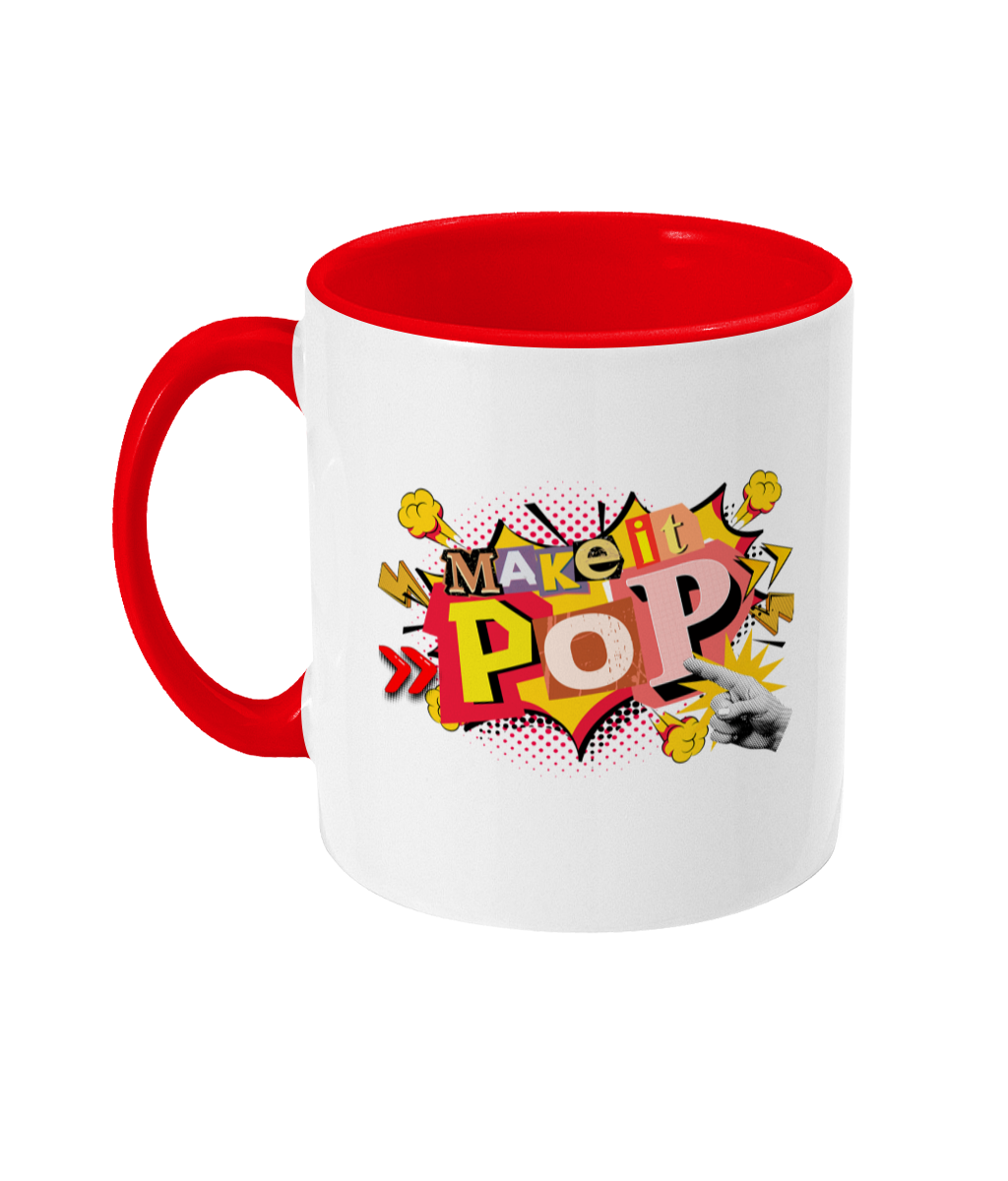 White mug with red handle and 'Make it Pop' design on a white background