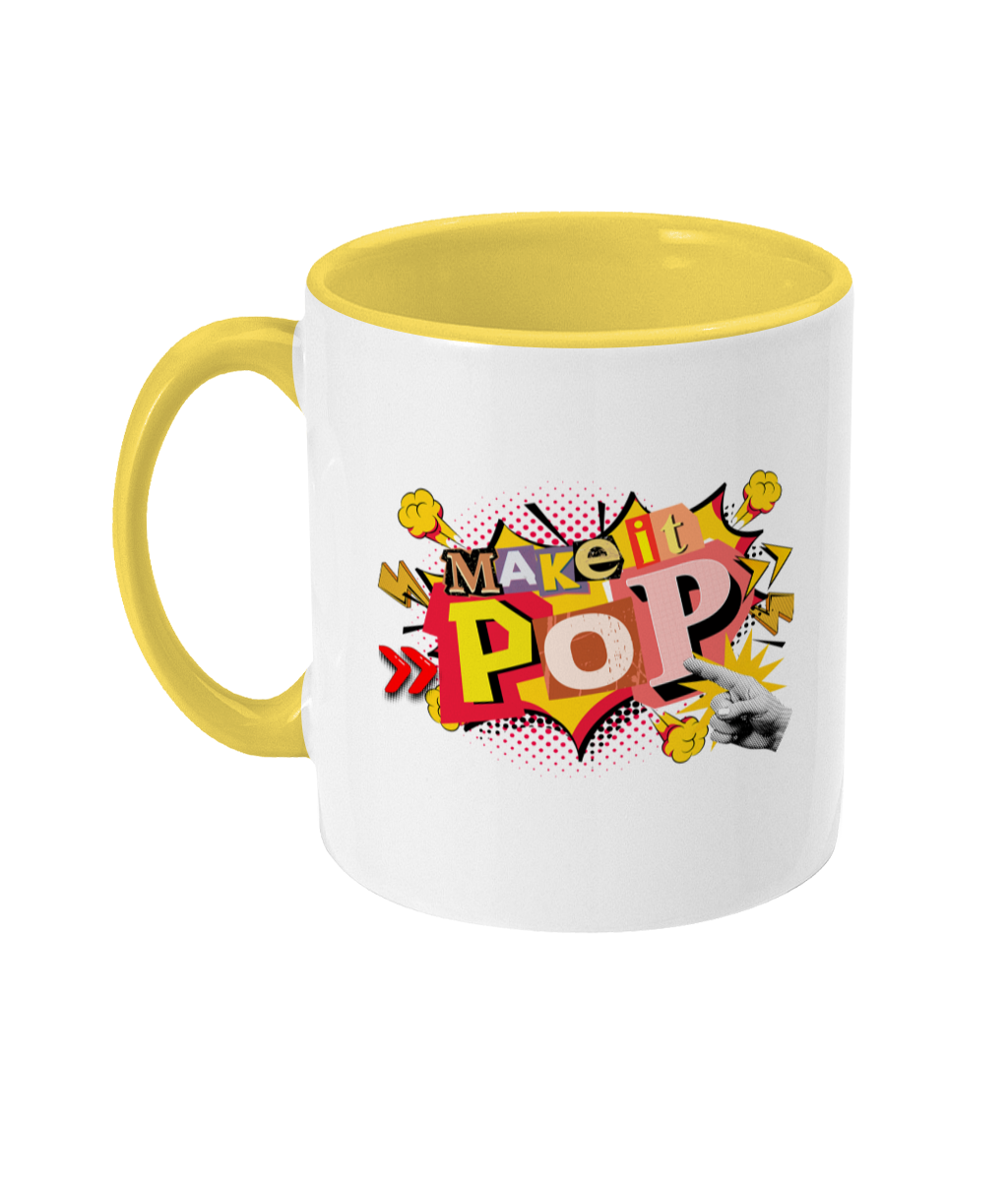 White mug with yellow interior and handle, featuring colorful text design on a white background