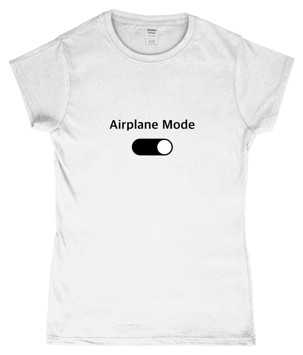 White t-shirt with 'Airplane Mode' text and toggle graphic on a white background