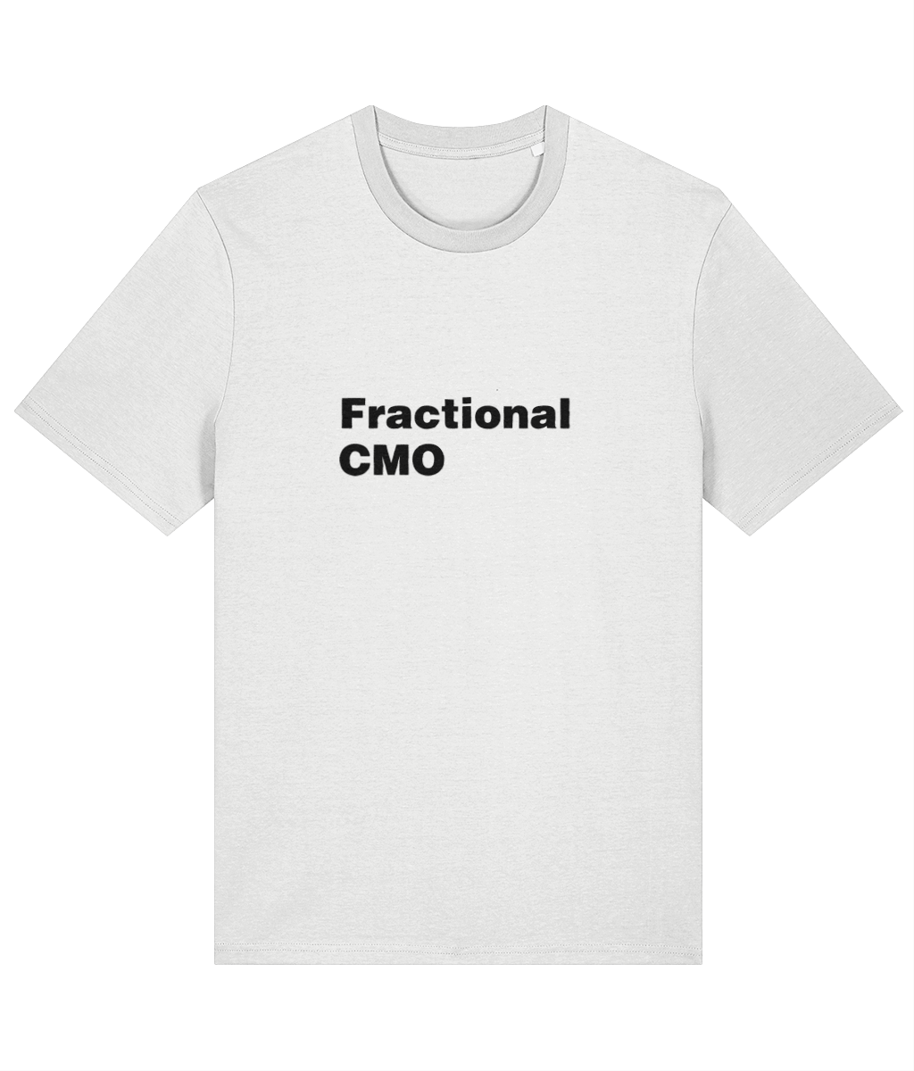 White t-shirt with 'Fractional CMO' text on a white background LinkedIn T-Shirt