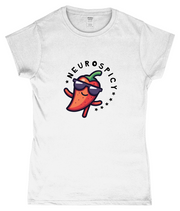 White t-shirt with a 'Neurospicy' design featuring a chili pepper wearing sunglasses on a white background.