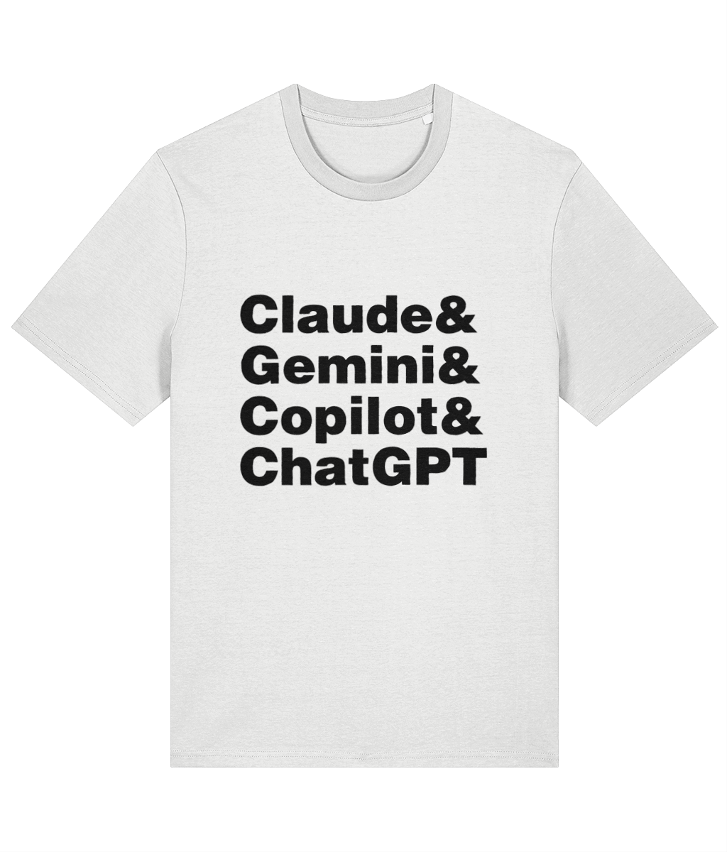 White t-shirt with black text listing names on a white background