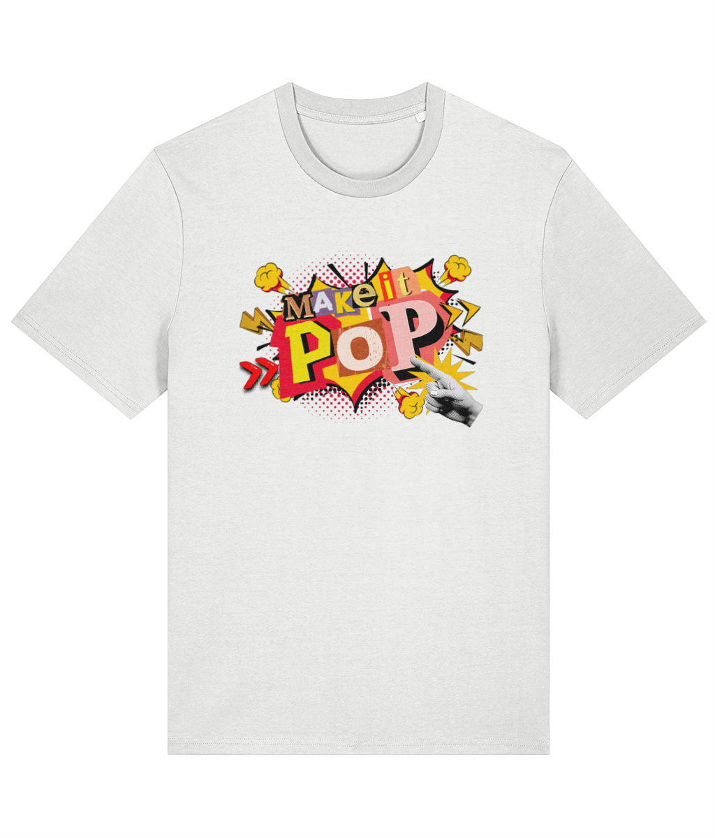 White t-shirt with colorful 'Make it Pop' graphic design on a white background