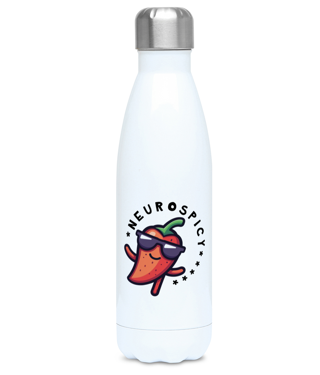 White water bottle with a cartoon pepper design and 'Neurospicy' text on a white background
