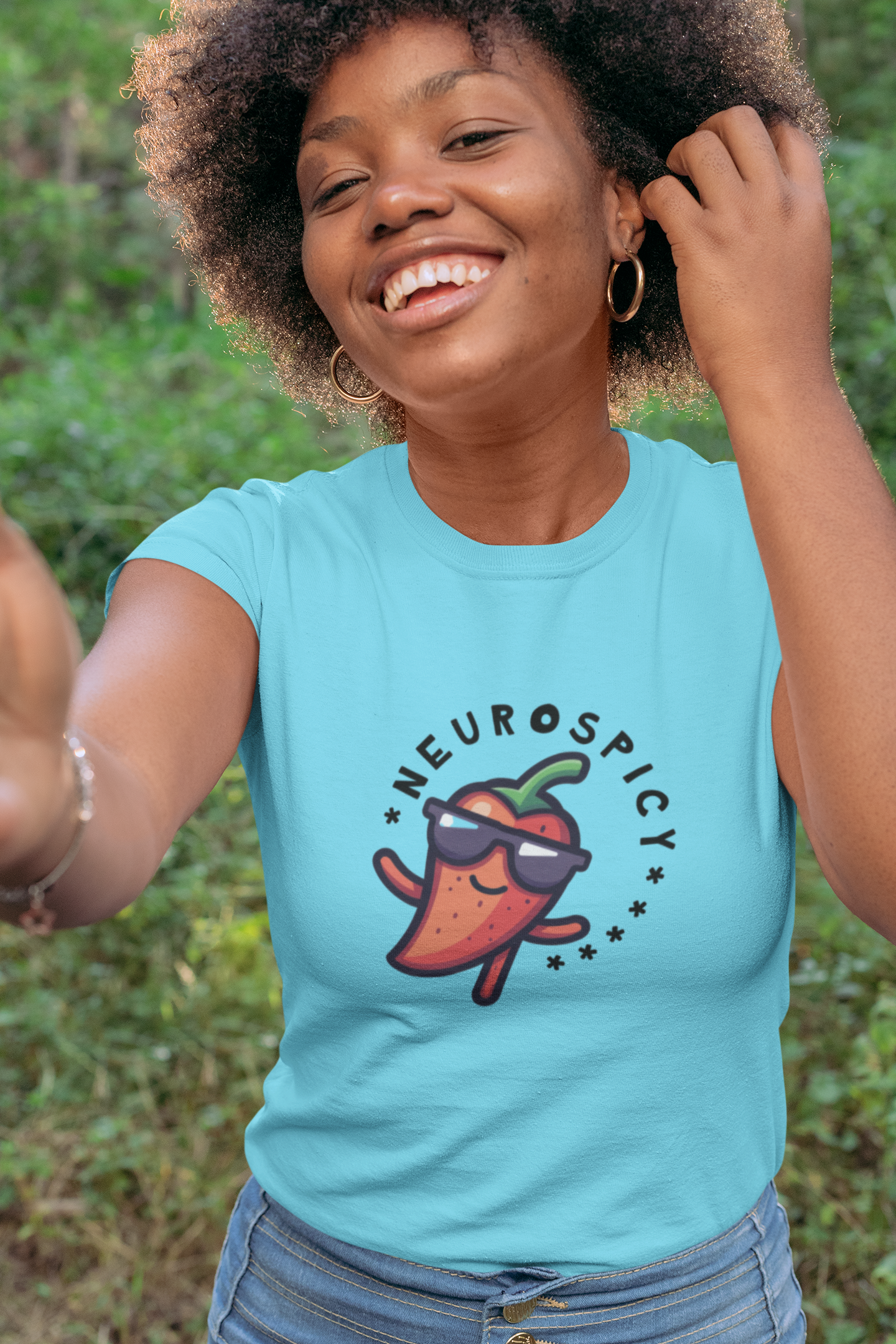 Woman in blue neurospicy tshirt