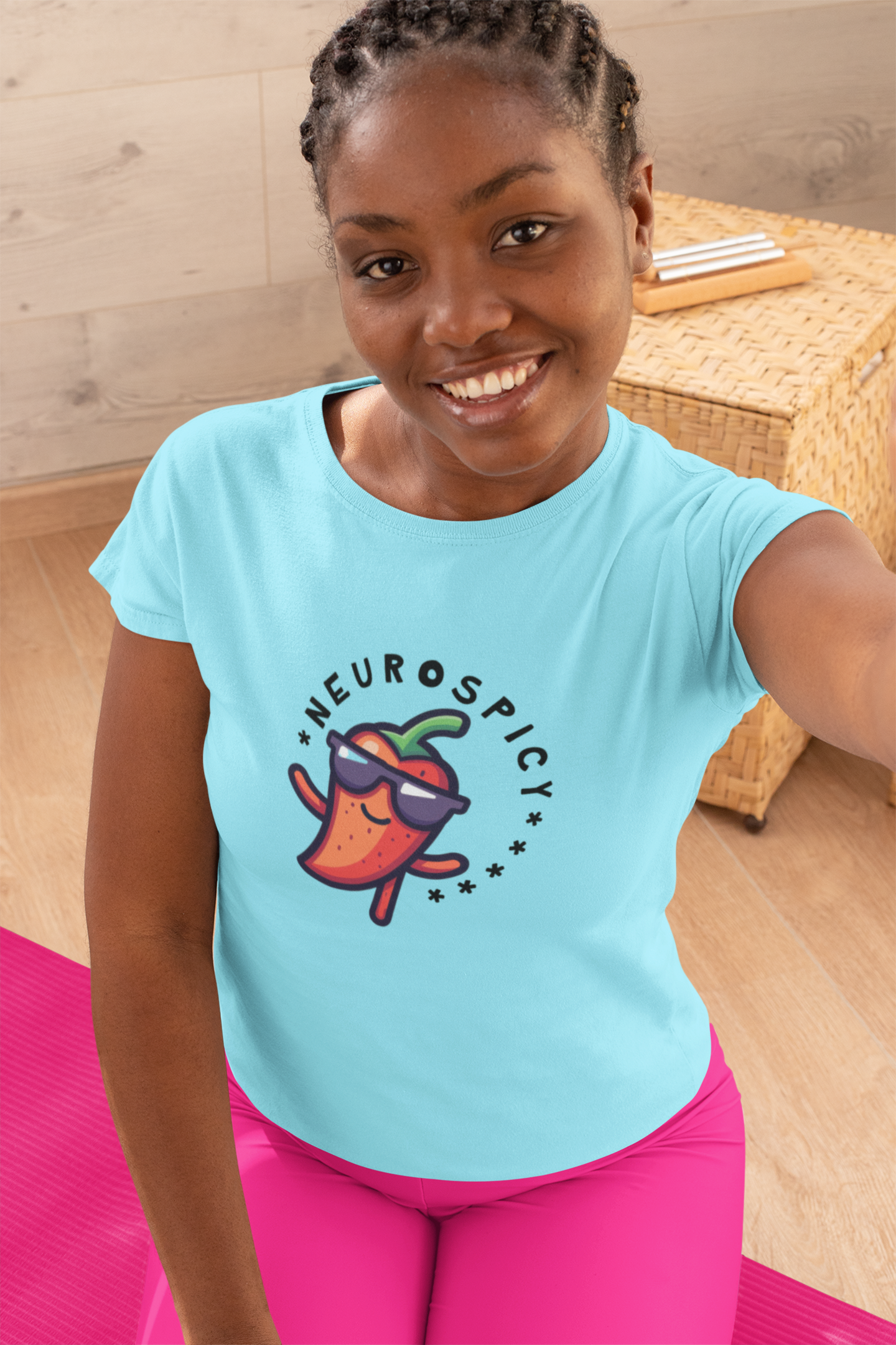 Woman in blue neurospicy tshirt2