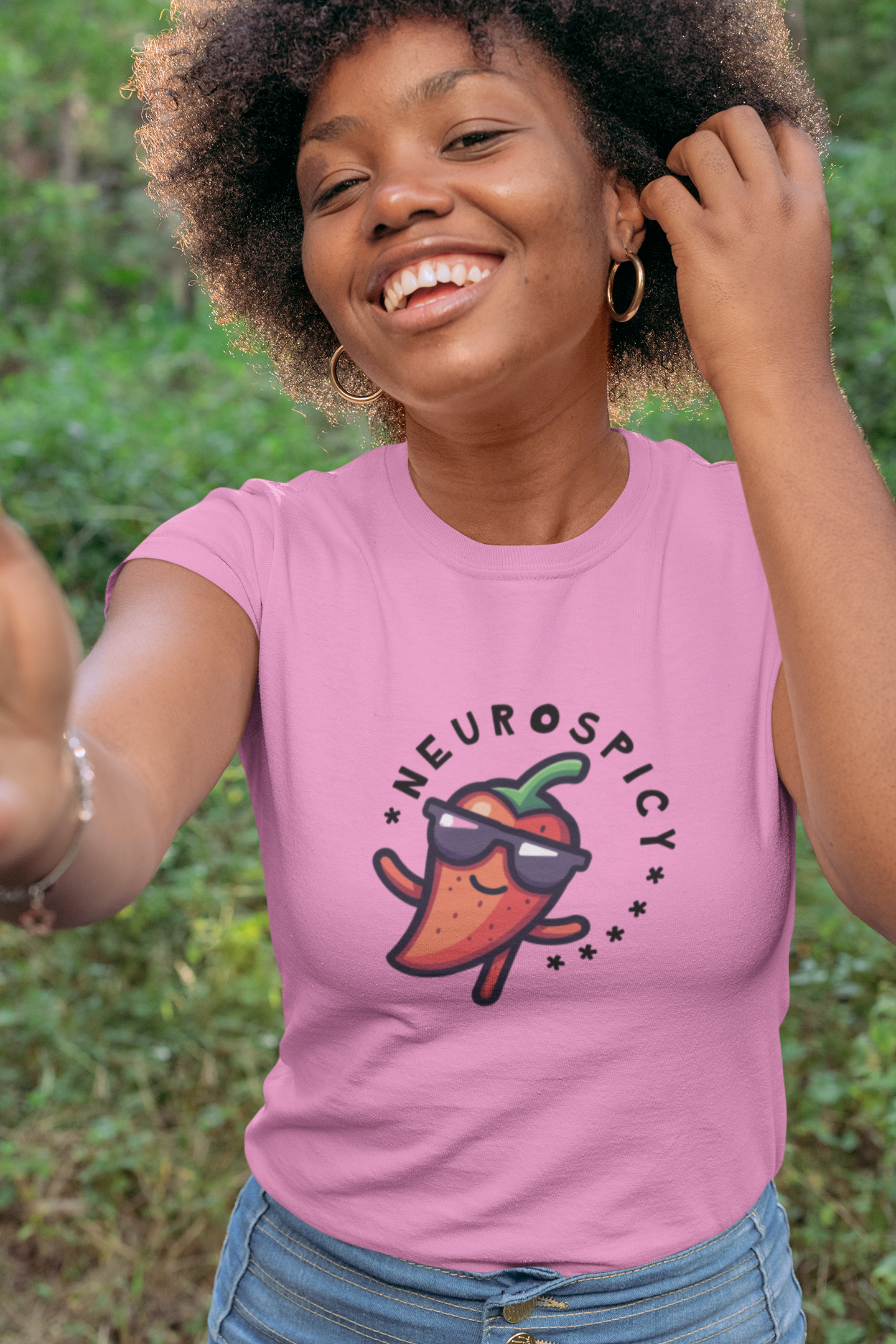 Woman in pink neurospicy tshirt