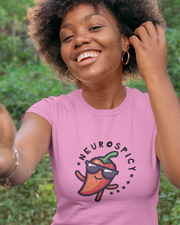 Woman in pink neurospicy tshirt
