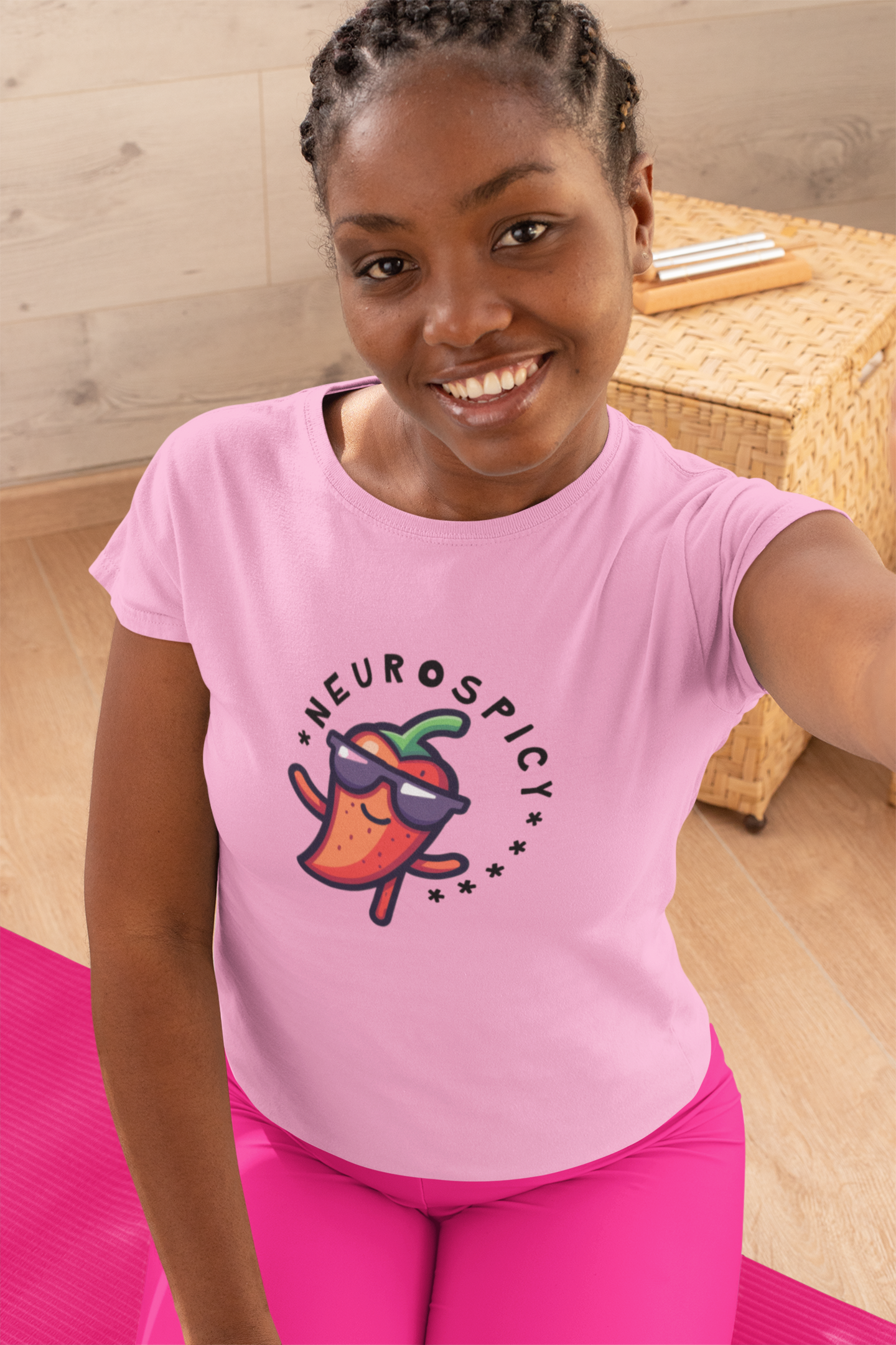 Woman in pink neurospicy tshirt2