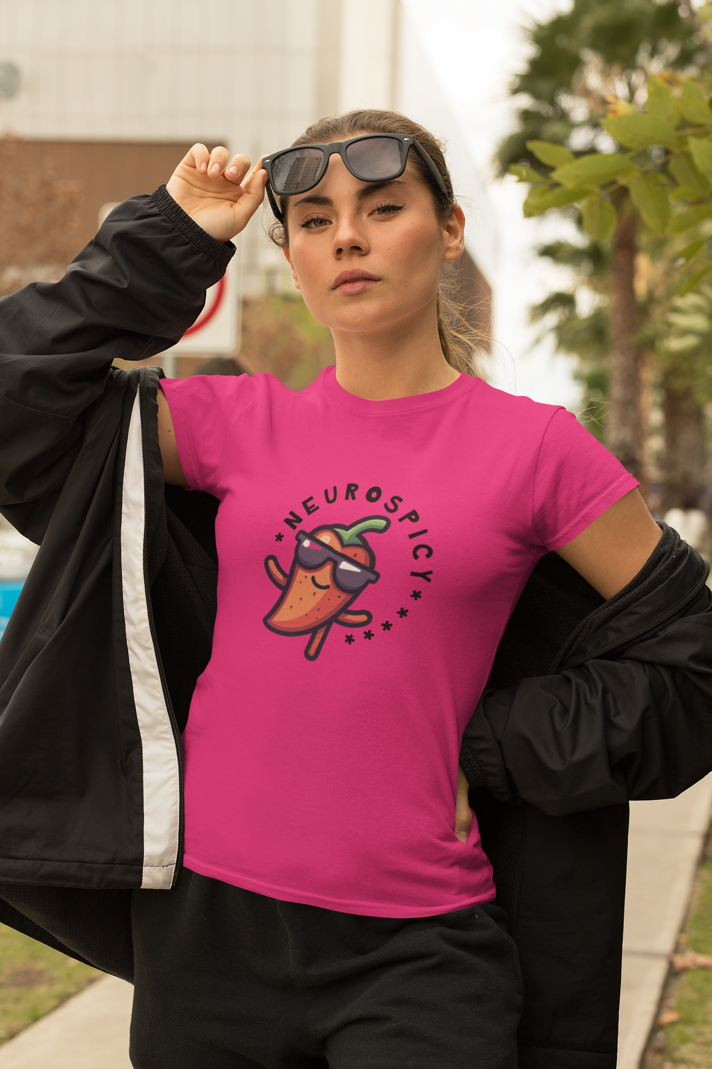 Woman in pink neurospicy tshirt4
