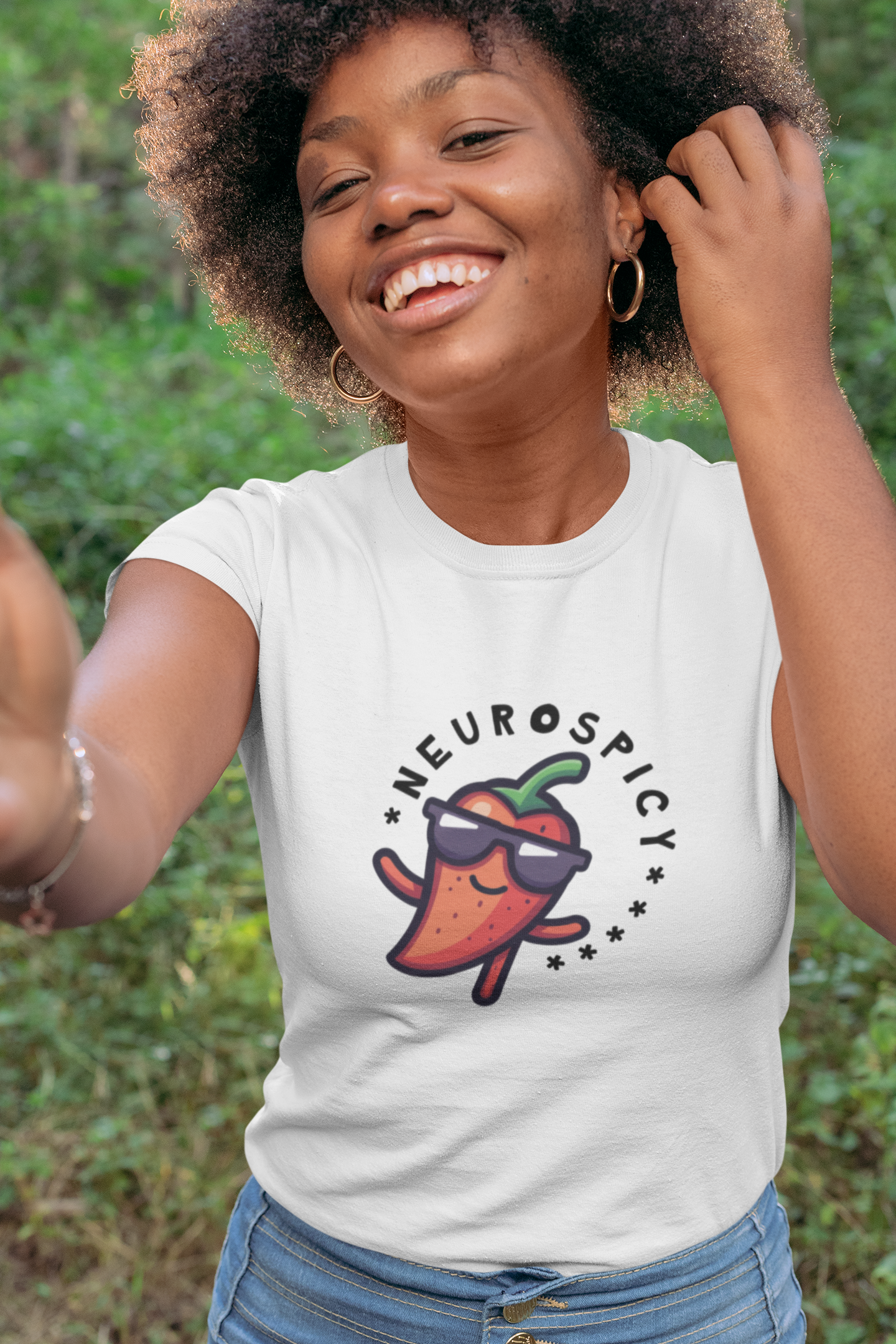 Woman in white neurospicy tshirt