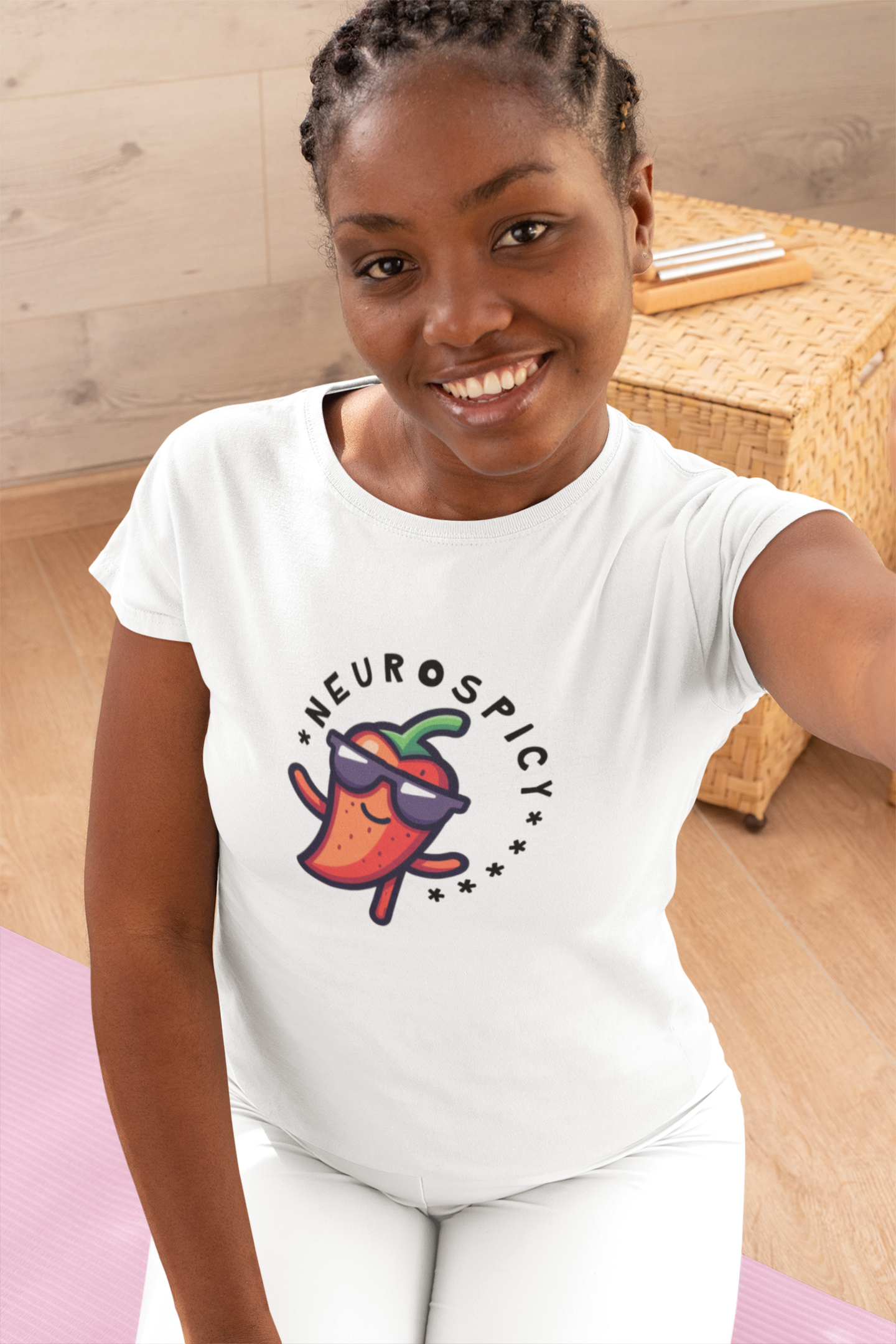 Woman in white neurospicy tshirt2