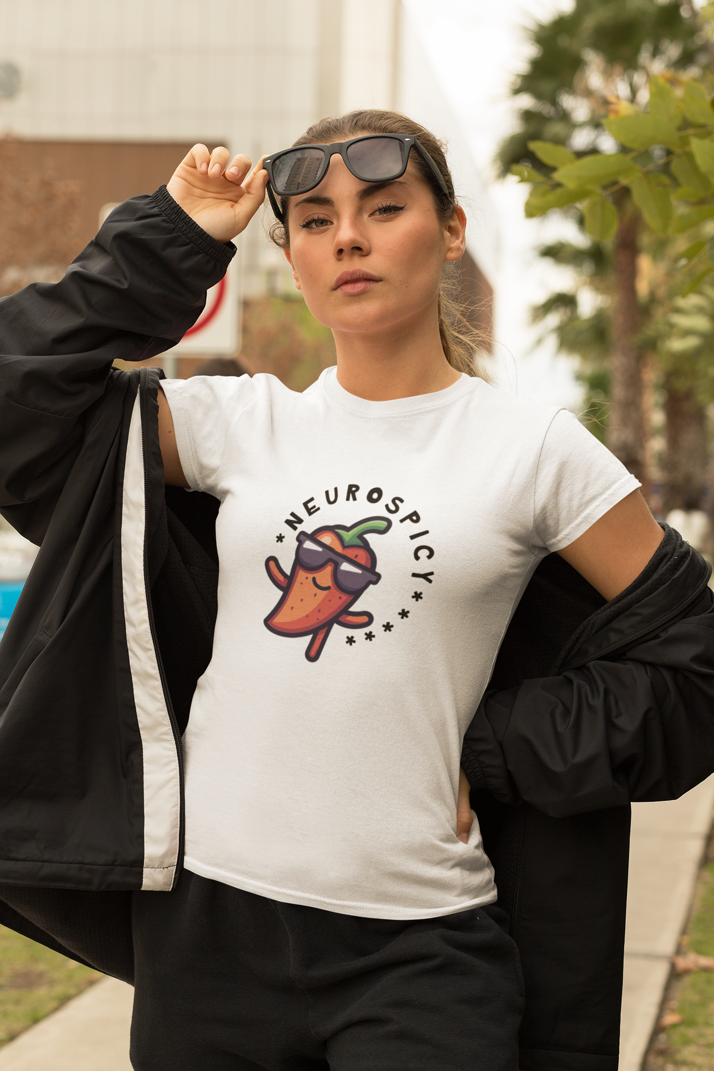 Woman in  white neurospicy tshirt