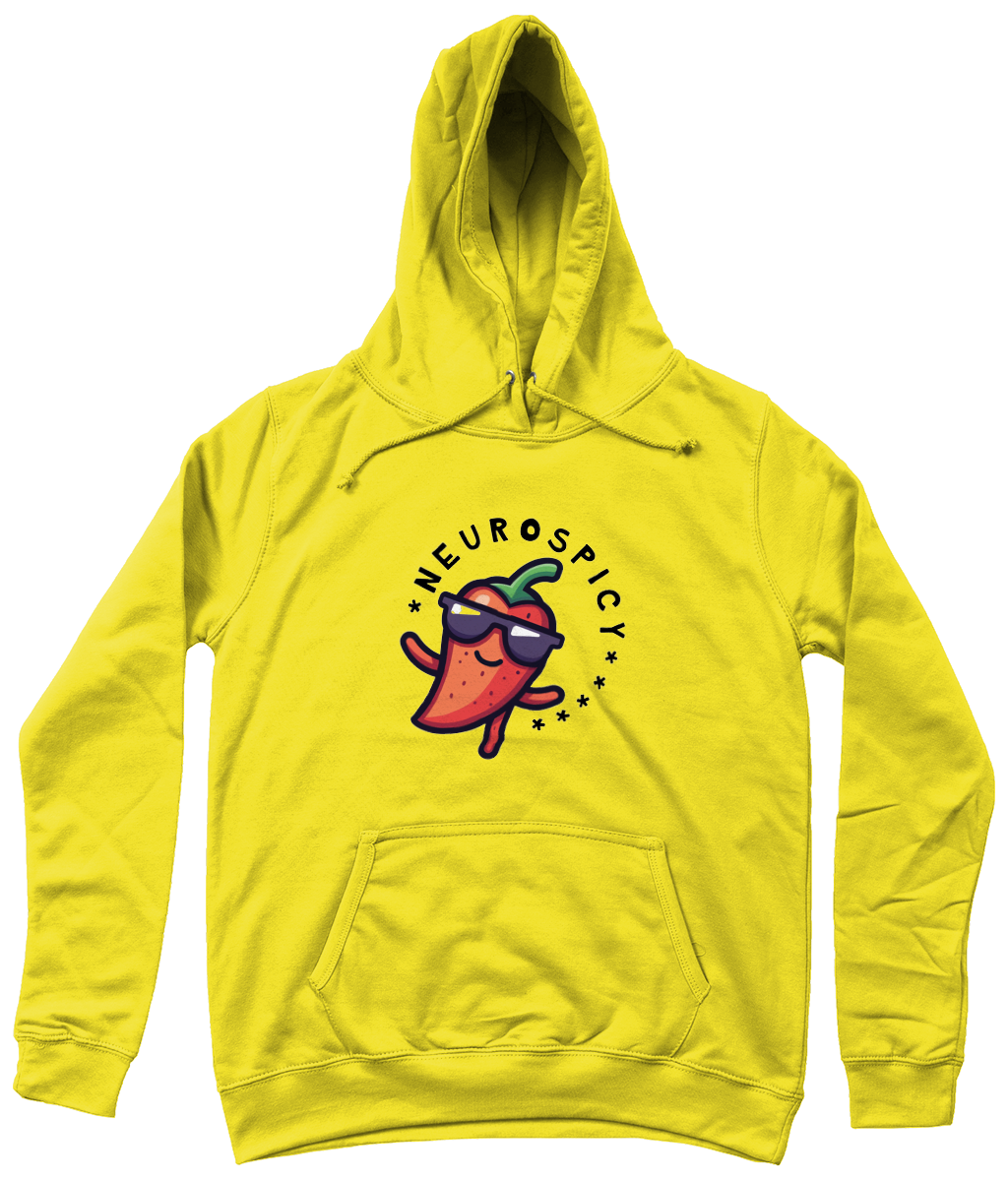 Yellow hoodie with a 'Neurospicy' design on a white background