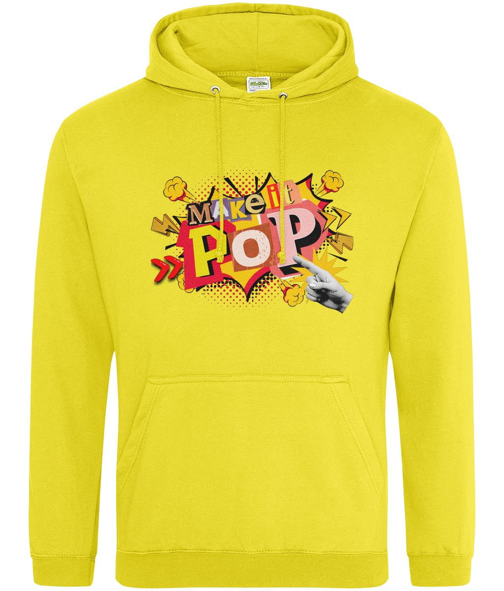 Yellow hoodie with colorful 'Make it Pop' design on a white background