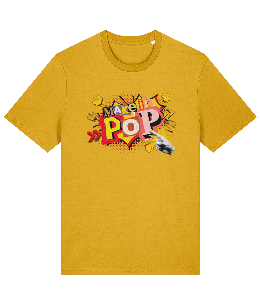 Yellow t-shirt with colorful graphic design on a white background