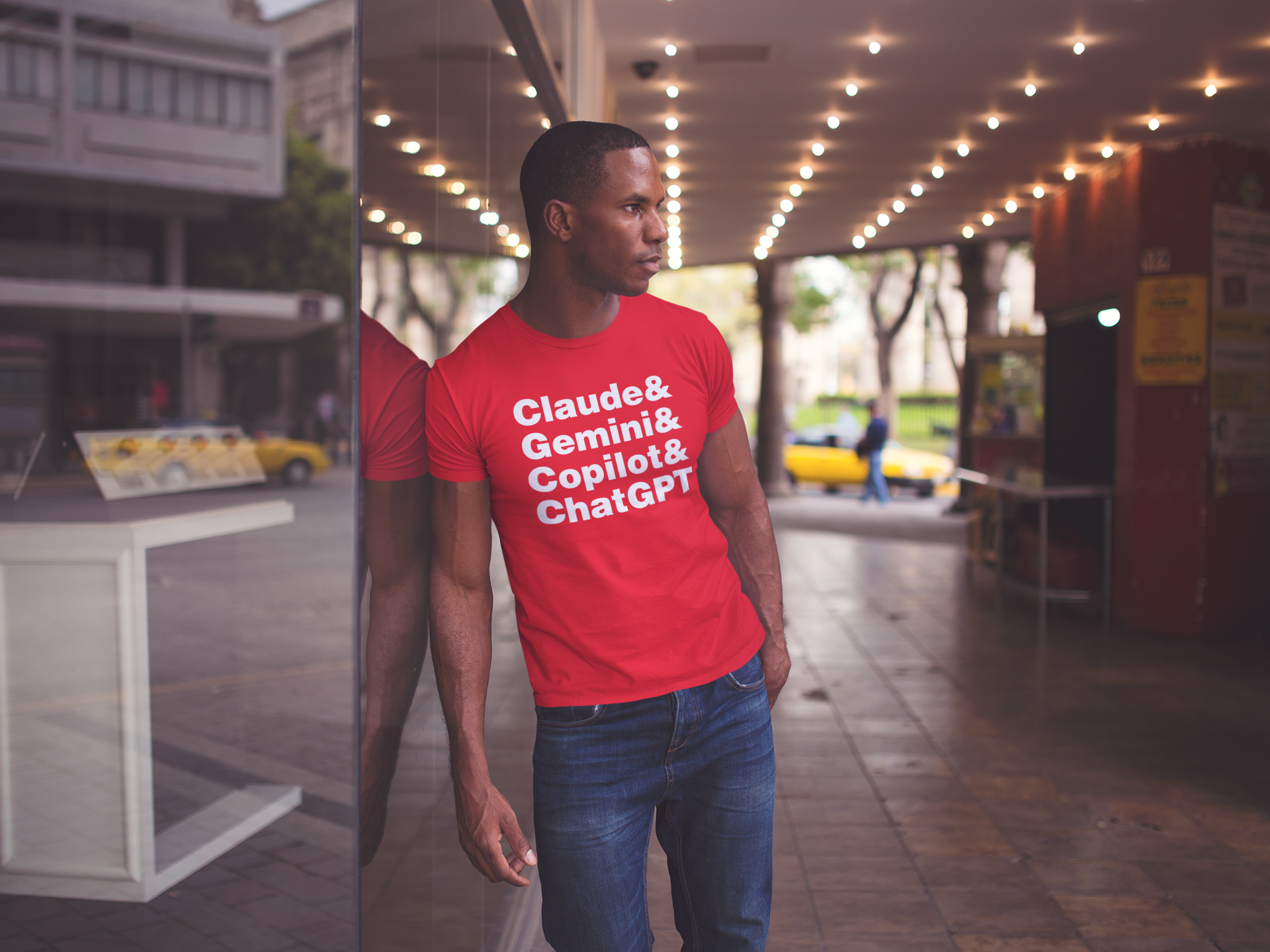 Red t-shirt with black text on a white background