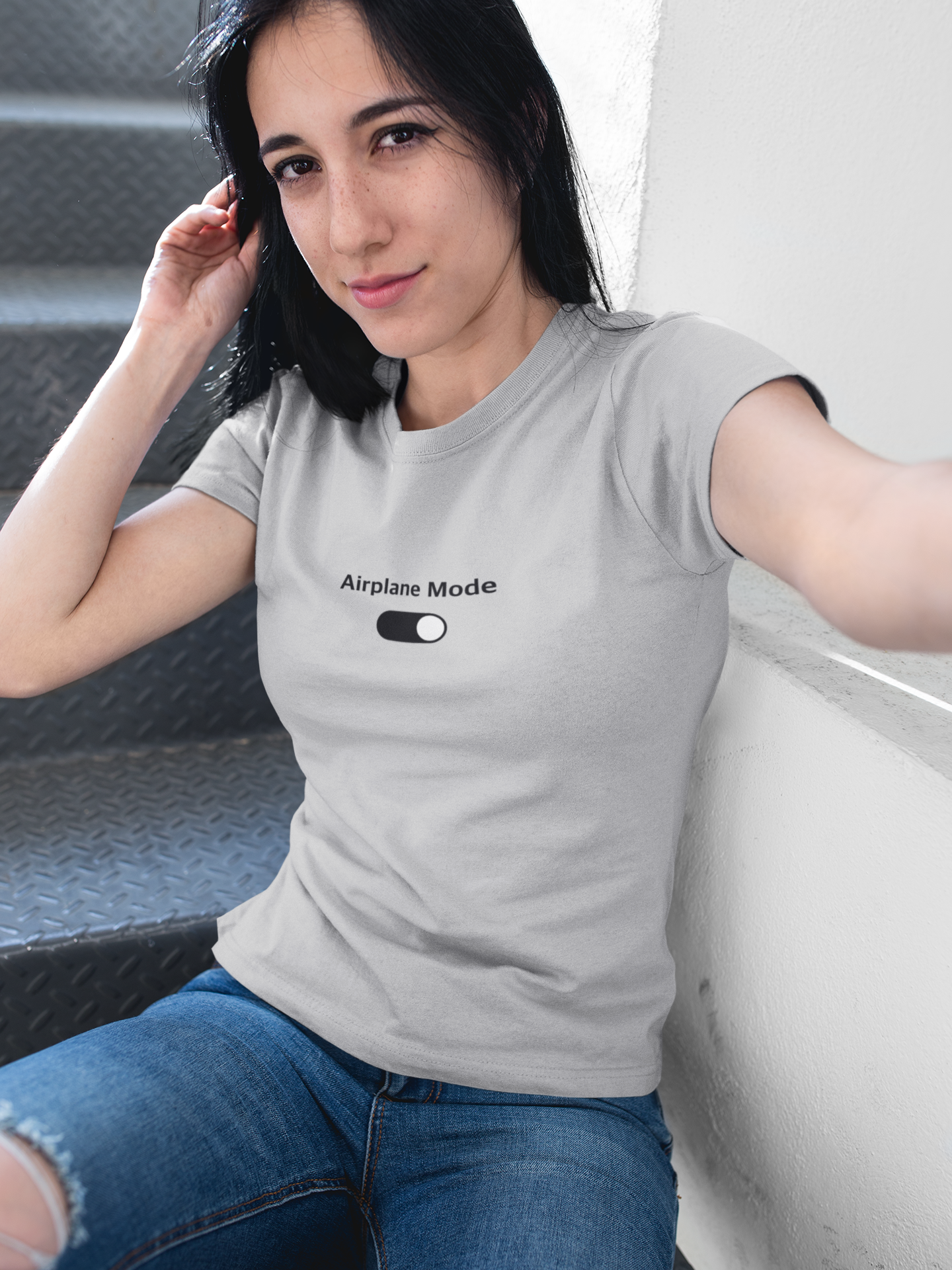 Gray t-shirt with 'Airplane Mode' text and toggle graphic on a white background
