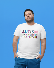 Man wearing a white t-shirt with colorful text on a blue background