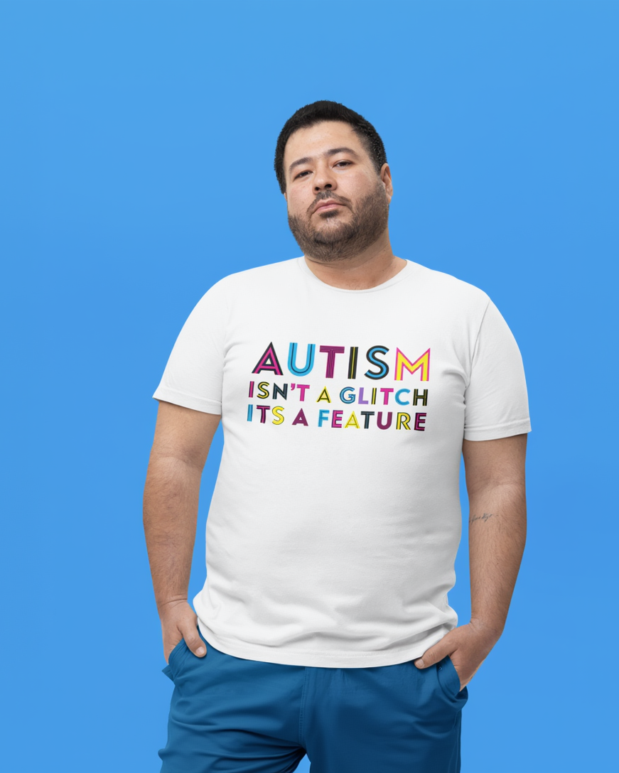 Man wearing a white t-shirt with colorful text on a blue background