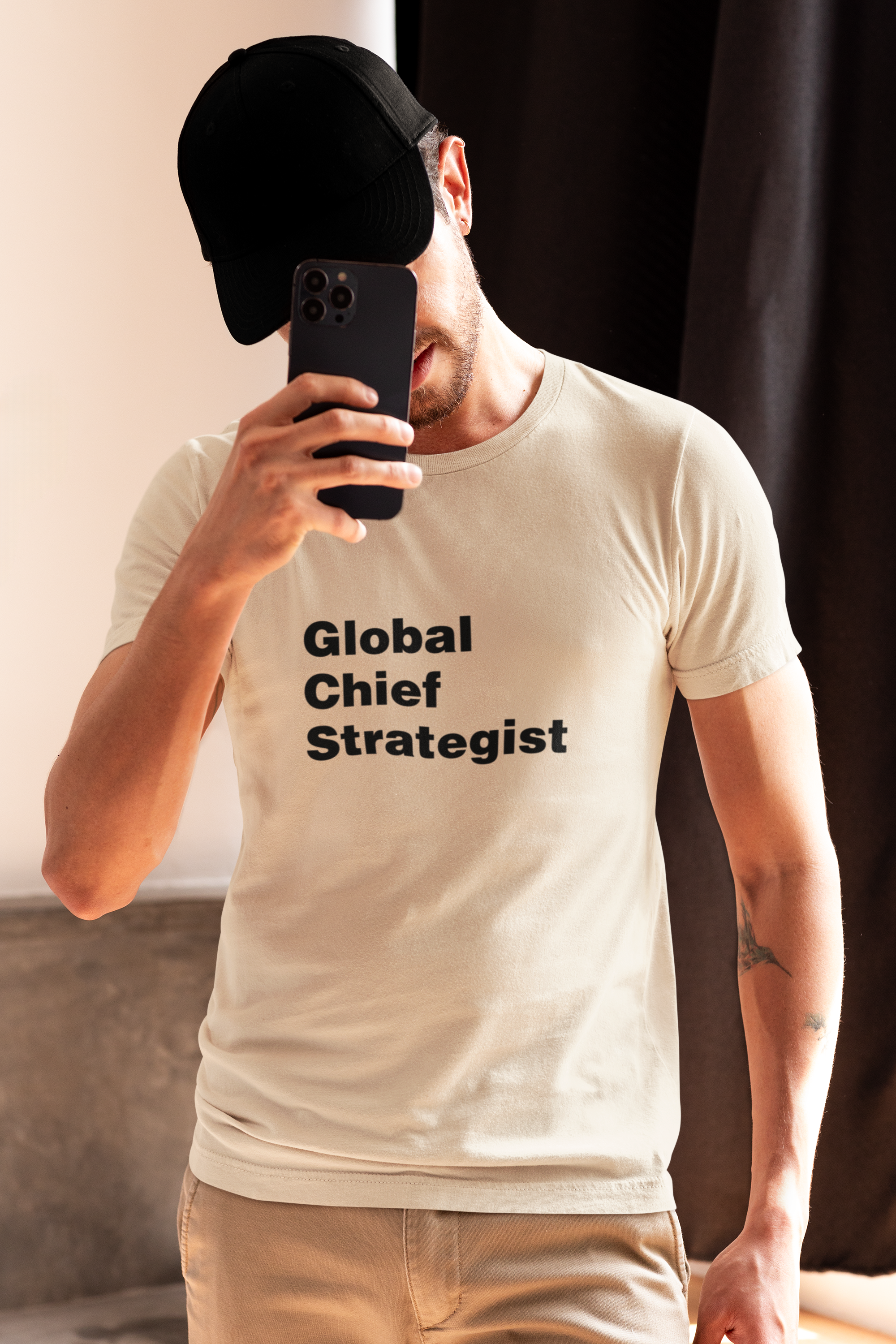 Beige T-shirt with 'Global Chief Stategist text on a white background LinkedIn T-Shirt