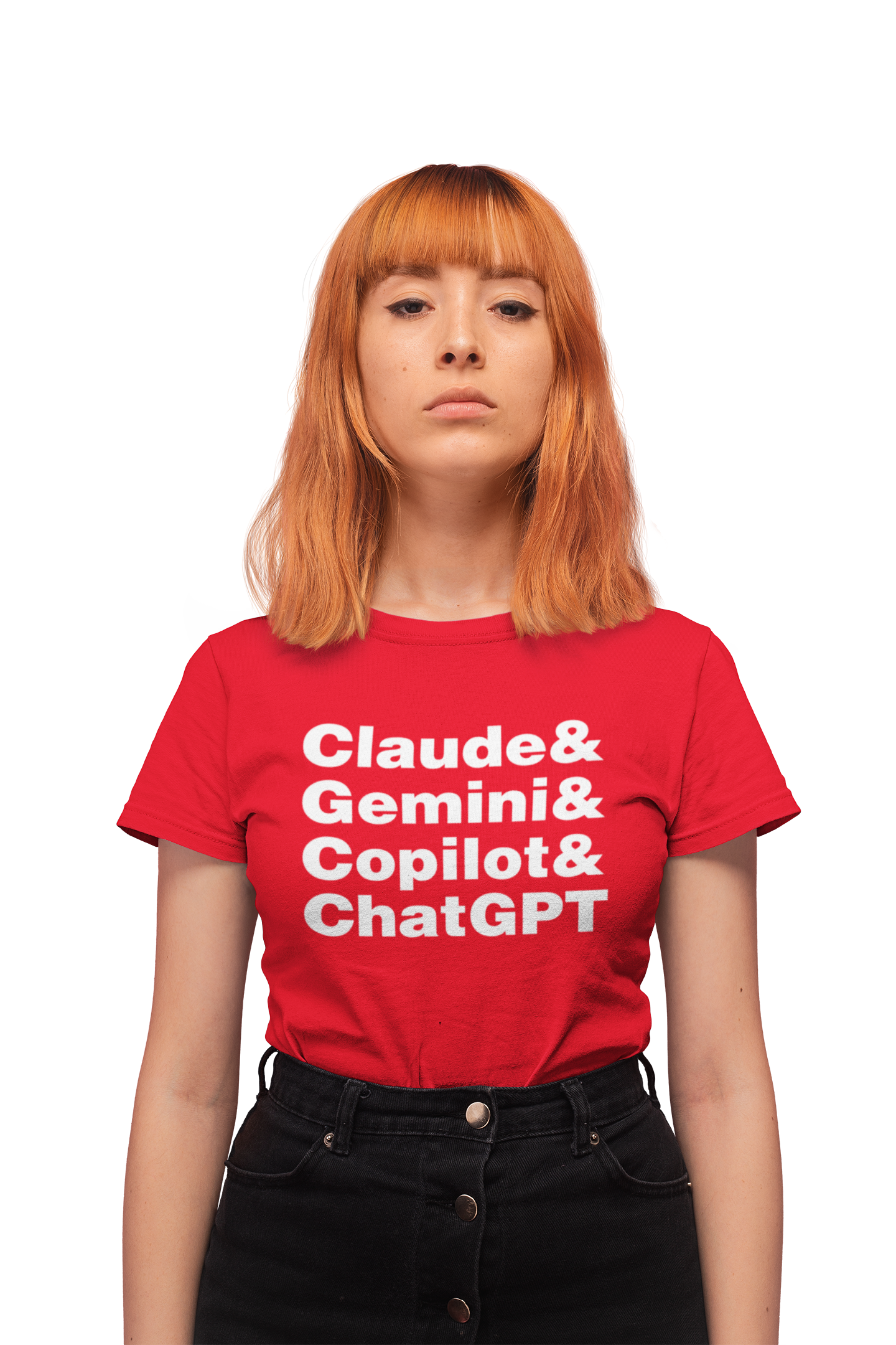 Red t-shirt with white text listing names on a white background