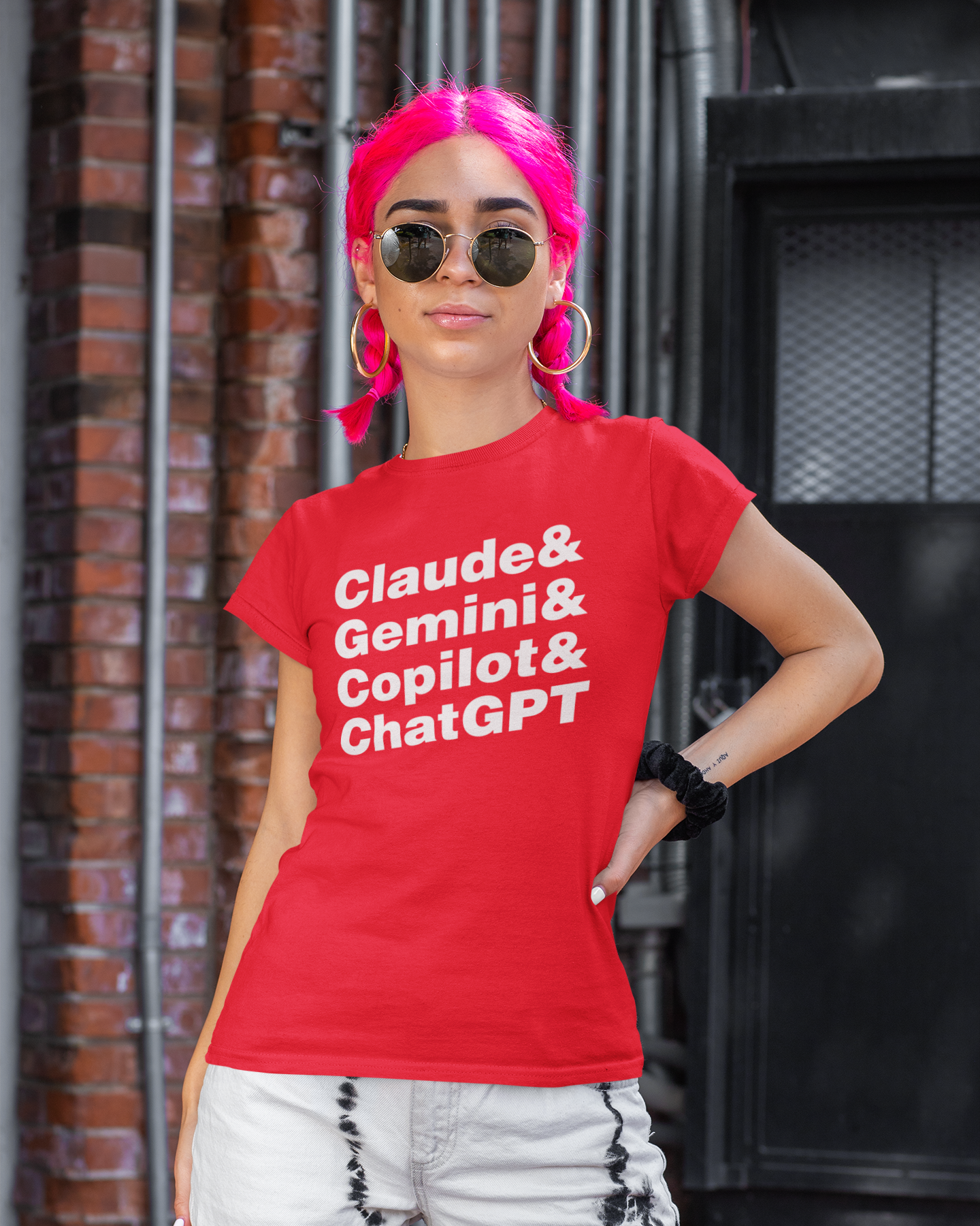 Red t-shirt with white text listing names on a white background