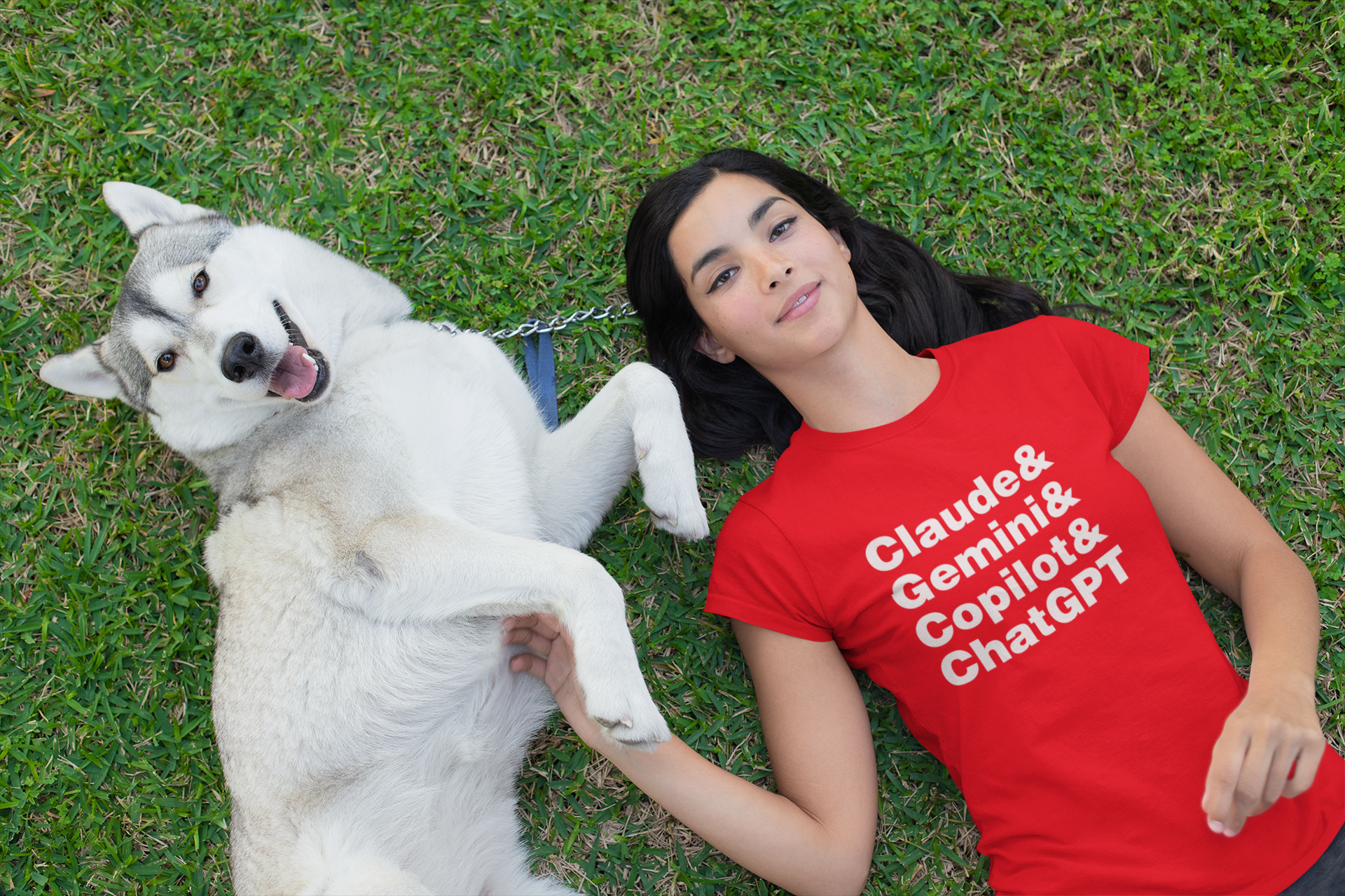 Red t-shirt with white text listing names on a white background