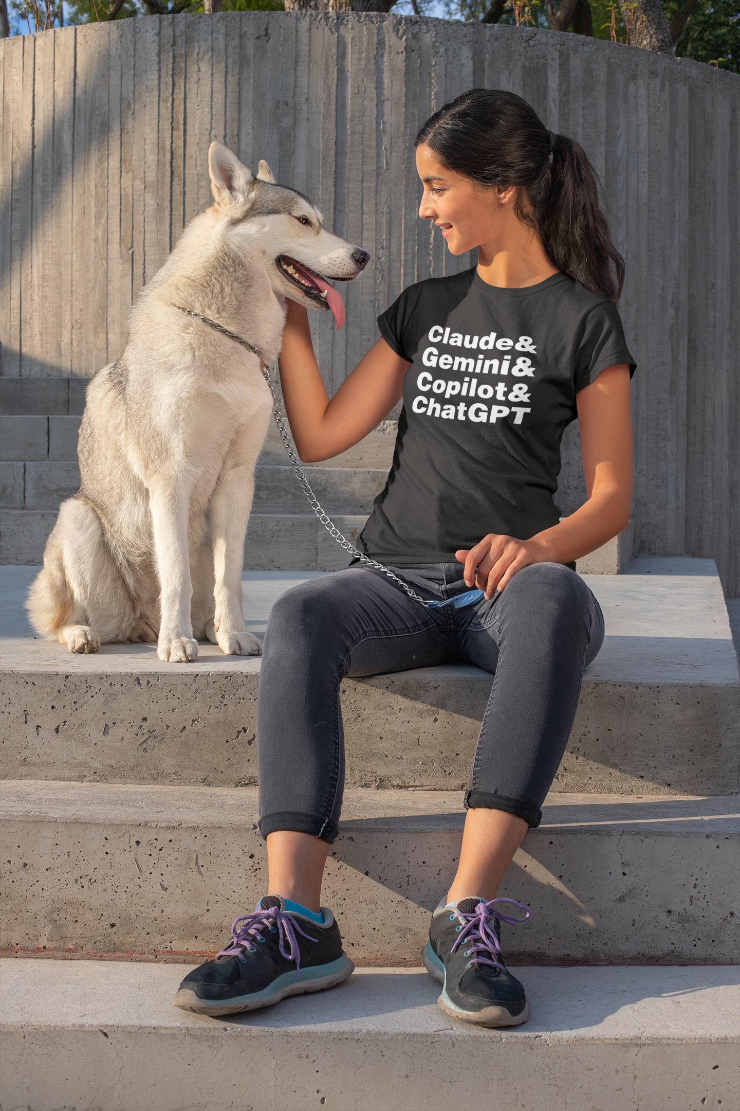 Black t-shirt with white text listing names on a white background