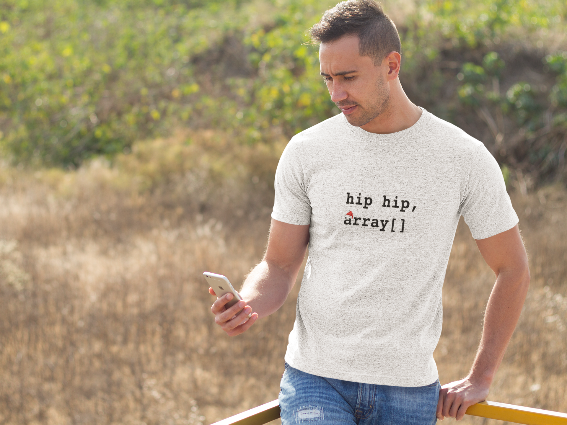 White t-shirt with 'hip hip, array[]' text on a white background, Graphic T-Shirt Programmer Humour