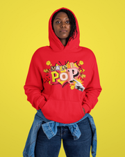 Person wearing a red hoodie with colorful text and graphics on a yellow background